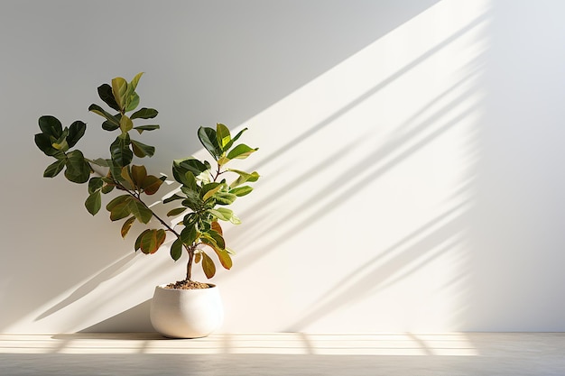 窓からの日光と白い壁の背景にスペースを持つフィドル リーフ イチジク植物