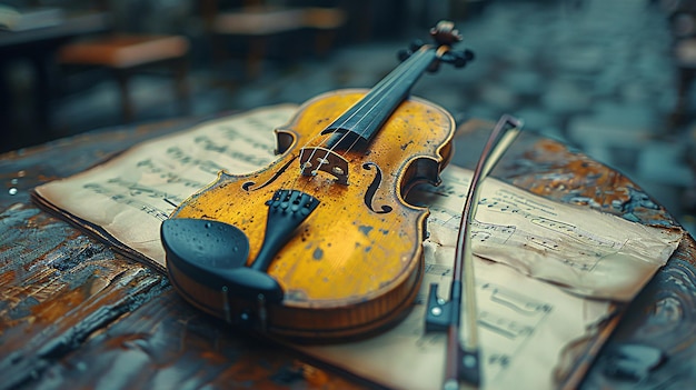 Fiddle resting on a rustic wooden surface