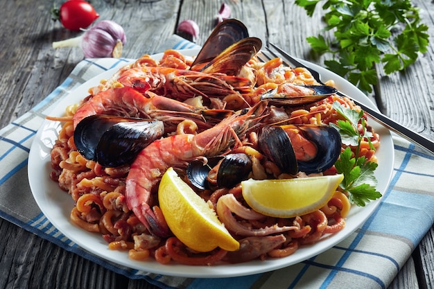 Fideua, een noedelpaella met gamba's en zeevruchten