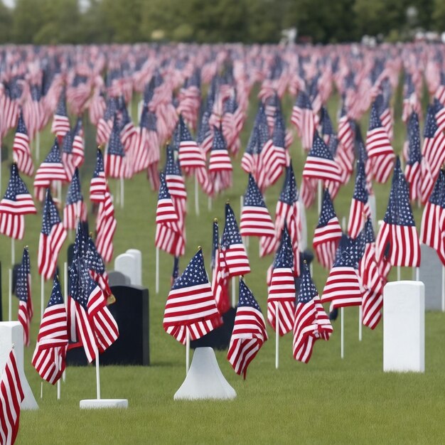 A field of american flags are in a cemetery.