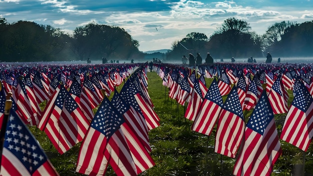 Photo field of american flags honoring veterans on memorial day concept memorial day tribute american flags honoring veterans field display