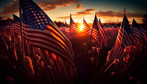 Field of American flags at Sunset Generate Ai