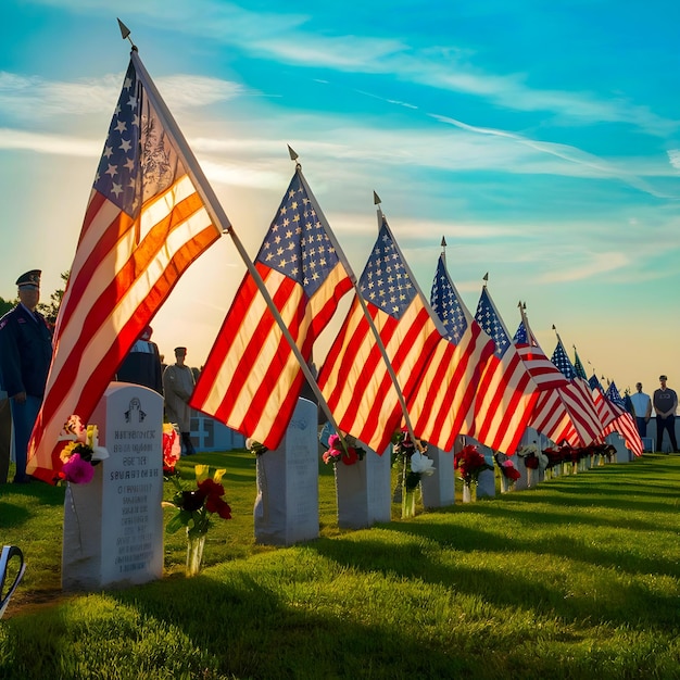 Field of American flags at Sunset