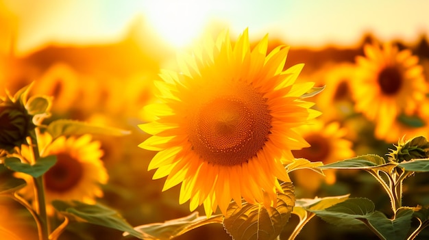 field of beautiful sunflower in a sunset summer background natural landscape