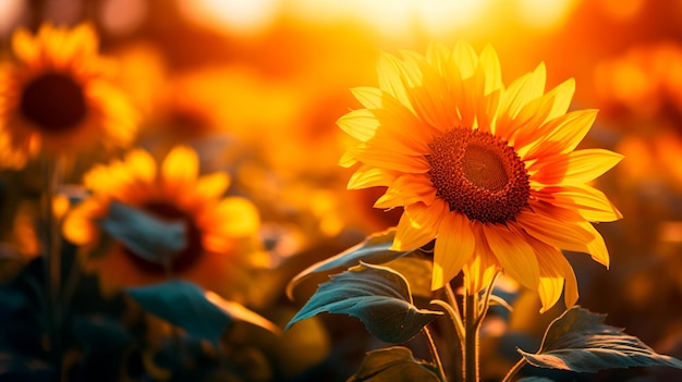 field of beautiful sunflower in a sunset summer background natural landscape