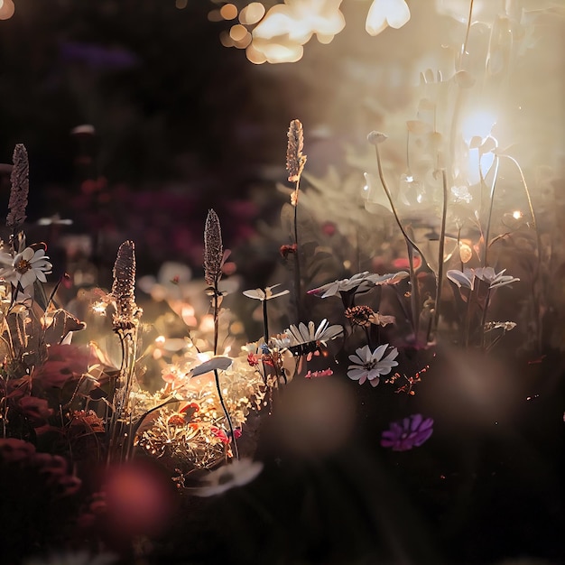 Foto campo di fiori che sbocciano in un giardino incantato con lucine