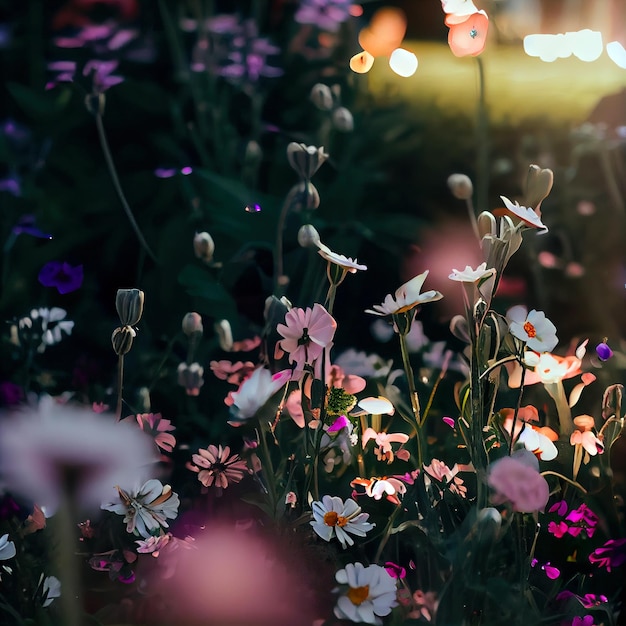 Field of blooming flowers in an enchanted garden with fairy lights