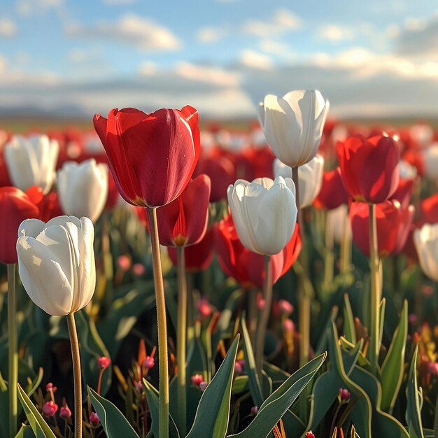 Photo field of blooming red and white tulips swaying in breeze for martisor