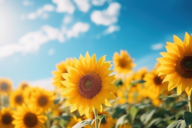 Field of blooming sunflowers and blue sky Generative AI