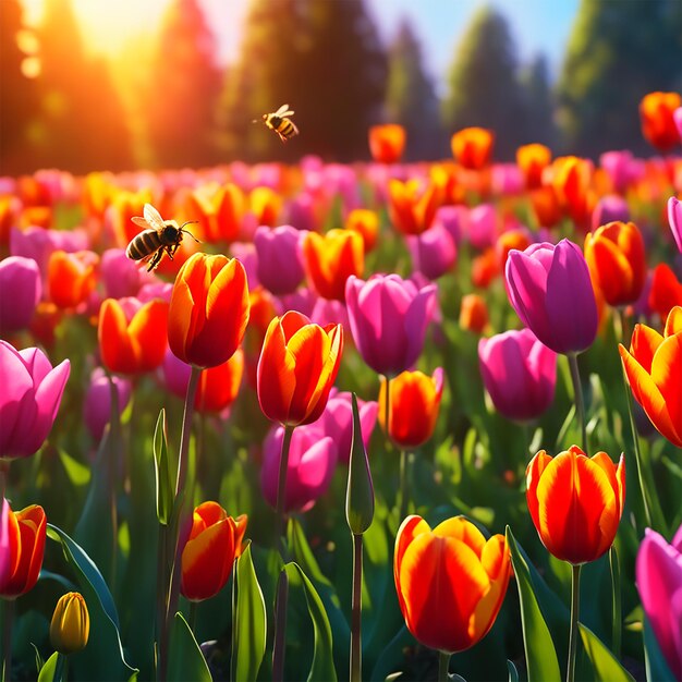 a field of blooming tulips in various vibrant colors with bees buzzing around soft morning light