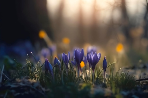 A field of blue crocus flowers in the sunlight