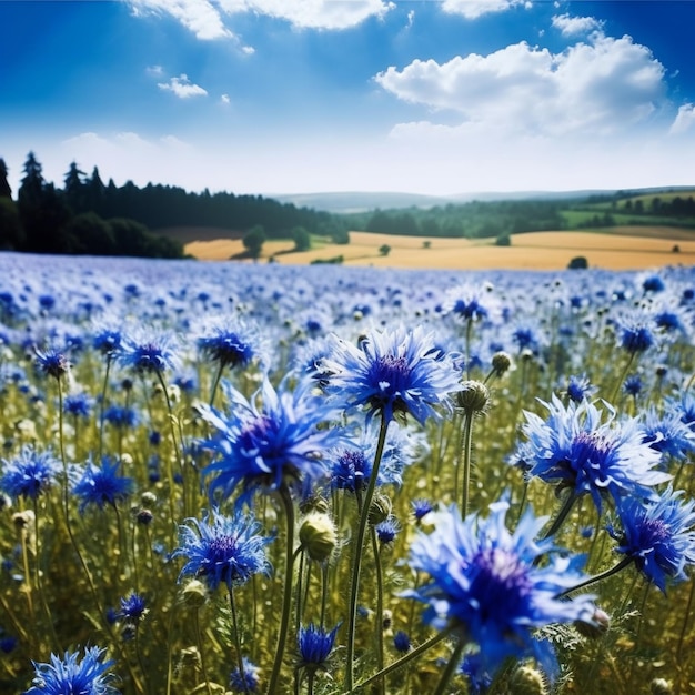 A field of blue flowers with a blue sky in the background