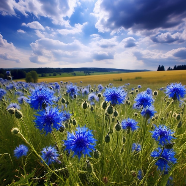 A field of blue flowers with a cloudy sky in the background