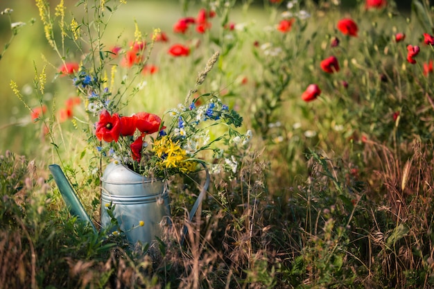 Field bouquet in a watering can