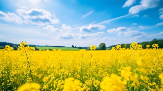 A field of bright yellow rapeseed flowers in bloom