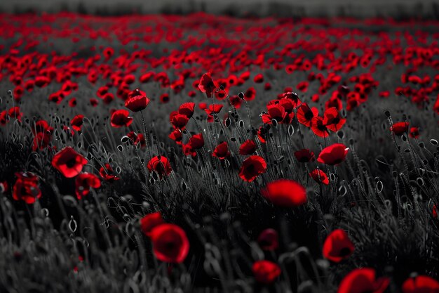 A field brimming with vibrant red flowers set against a contrasting black and white backdrop