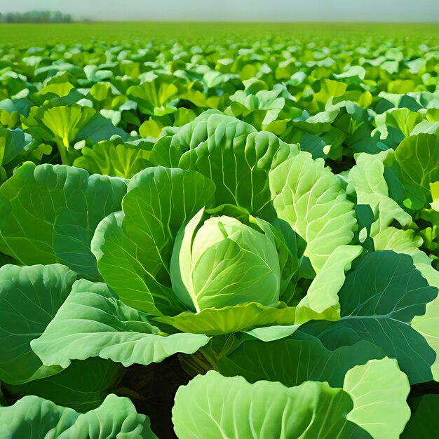 a field of cabbages with a large green leaf on the top