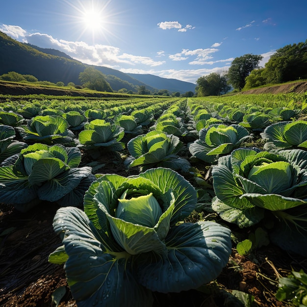 a field of cabbages with the sun shining through the trees.