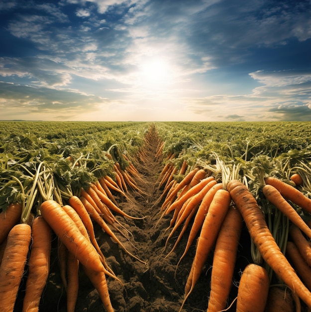 Photo a field of carrots with the sun behind them