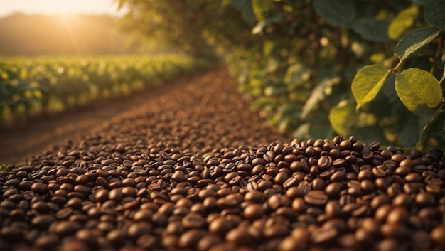 コーヒー豆の畑とその中を通る未舗装の道路