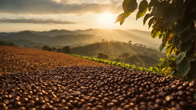 A field of coffee beans with a tree and mountains in the background