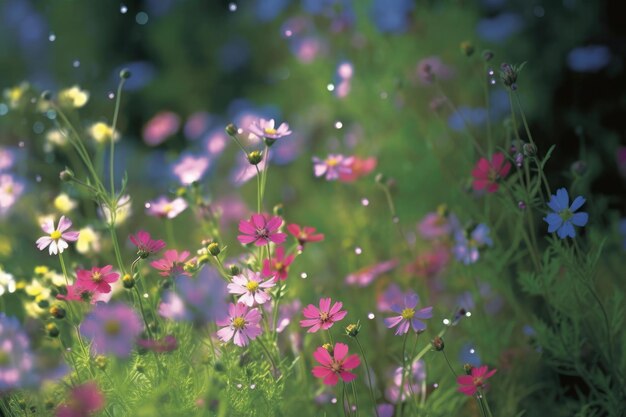 Photo field of colorful blooming cosmos flower in spring on morning created with generative ai technology