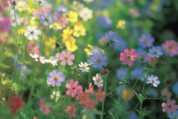 Field of colorful blooming cosmos flower in spring on morning Created with Generative AI technology