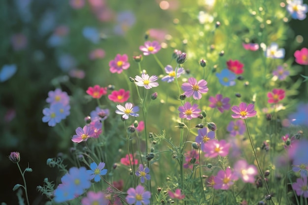 春の朝にく色とりどりの宇宙の花の畑 生成的なAI技術で作成された