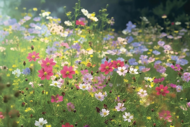 Field of colorful blooming cosmos flower in spring on morning Created with Generative AI technology