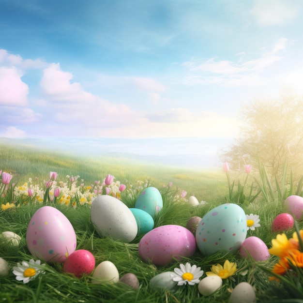 A field of colorful easter eggs with a sky background