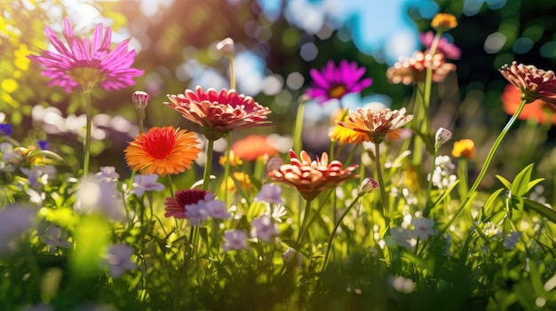 太陽の光に照らされた色とりどりの花畑