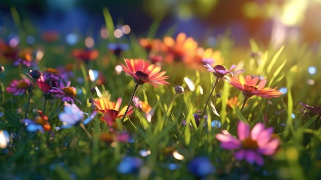 A field of colorful flowers with a blue and pink background