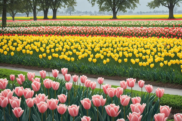 Field of colorful flowers with city in the background