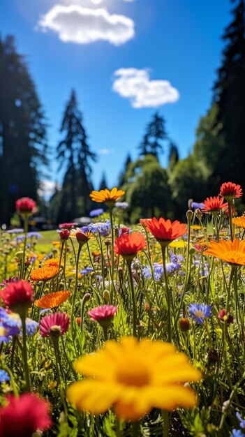 Field of colorful flowers with trees in the background