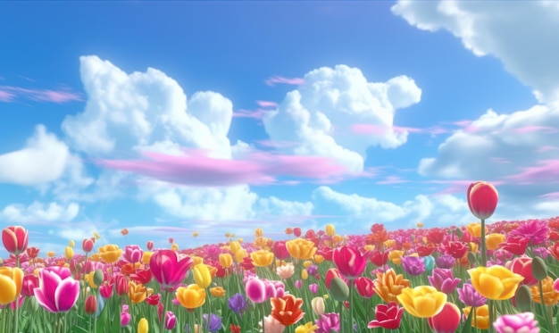 A field of colorful tulips with clouds overhead