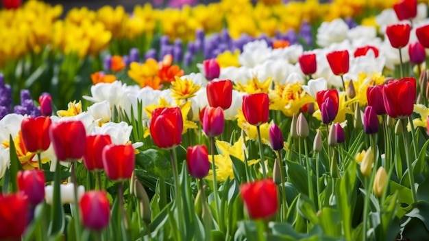 A field of colorful tulips with one of the flowers in the foreground.