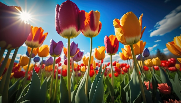 A field of colorful tulips with the sun shining on the bottom.