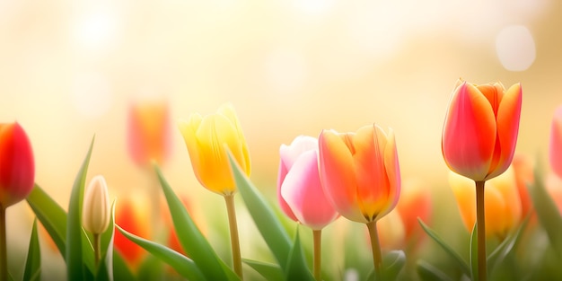 A field of colorful tulips with a yellow background