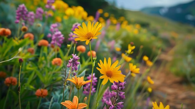 Photo a field of colorful wildflowers in bloom with a mountain in the distance the flowers are mostly yellow orange and purple with some green foliage