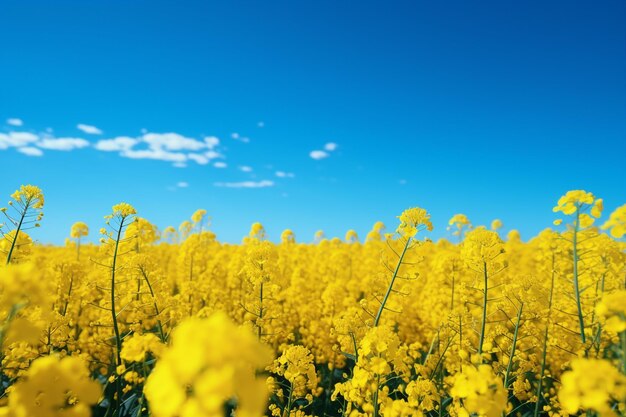 Photo field of colza rapeseed yellow flowers and blue sky generative ai