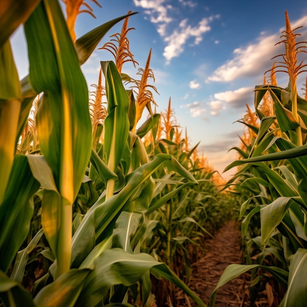 A field of corn with a blue sky and clouds in the background.
