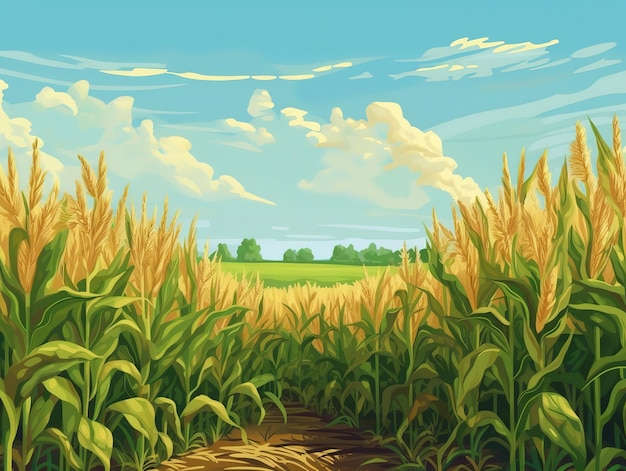 A field of corn with a river and a field in the background.