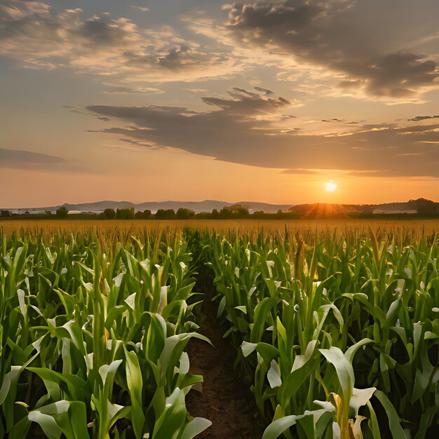 a field of corn with the sun setting behind it
