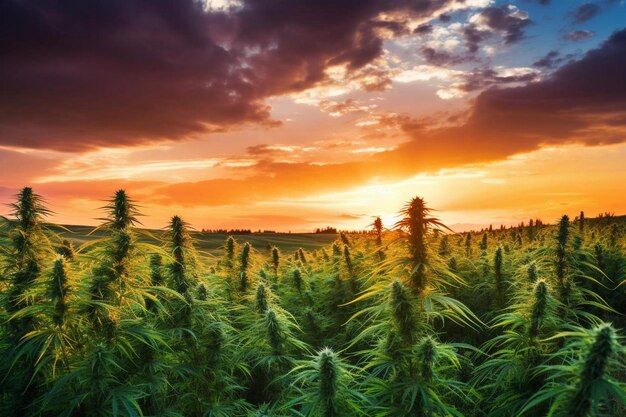 a field of corn with the sun setting behind it