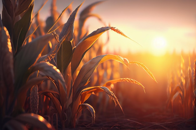 A field of corn with the sun setting behind it