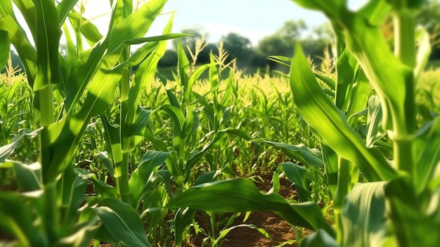 A field of corn with the sun shining through the leaves