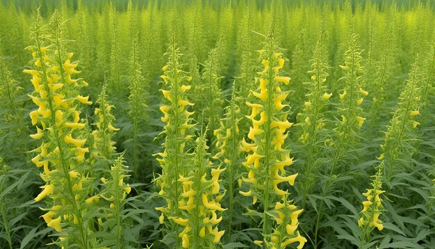 Photo a field of corn with yellow flowers in the background