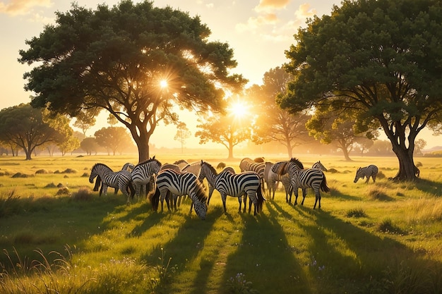 Field covered in the grass and trees surrounded by zebras under the sunlight during the sunset