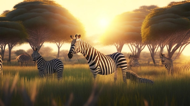 Поле, покрытое травой и деревьями в окружении зебр под солнечным светом во время заката