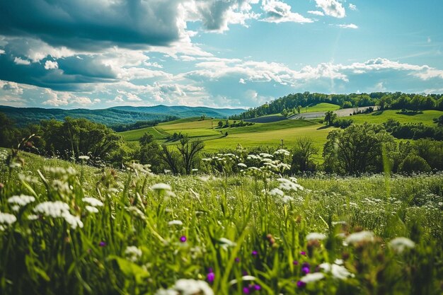 Field covered in greenery surrounded